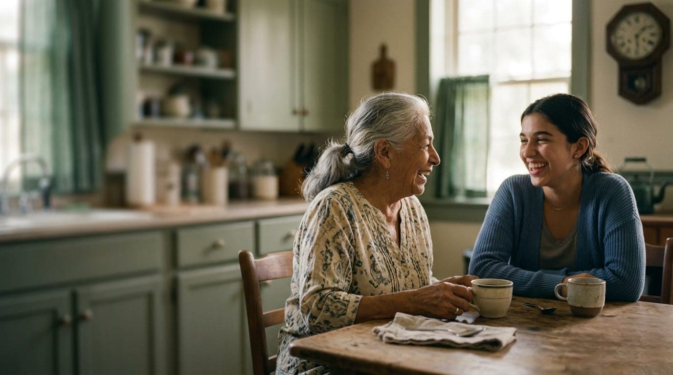 A grandmother and her granddaughter laughing together at a kitchen table