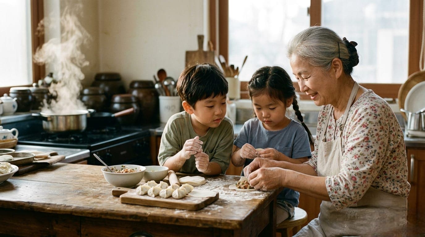A grandmother making dumplings with her two grandchildren