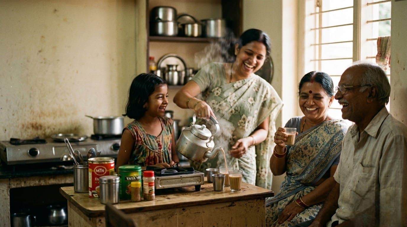 Three generations of a family laughing in their kitchen as chai is poured